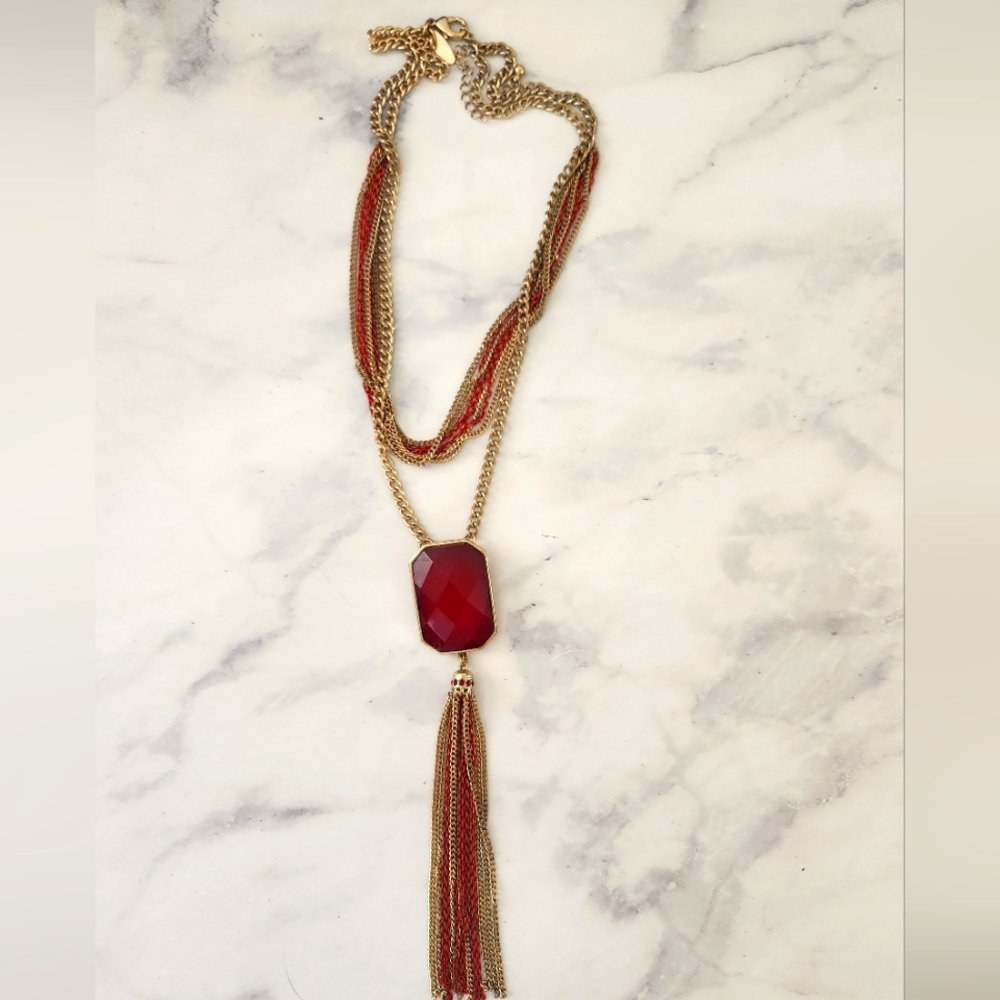 NY Collection Red Gold Rhinestone Tassle Necklace